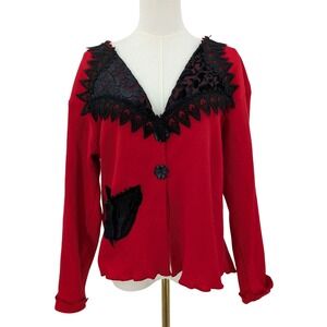 Vintage Cactus Flower Red Black Applique Cardigan Sweater Women's Small USA